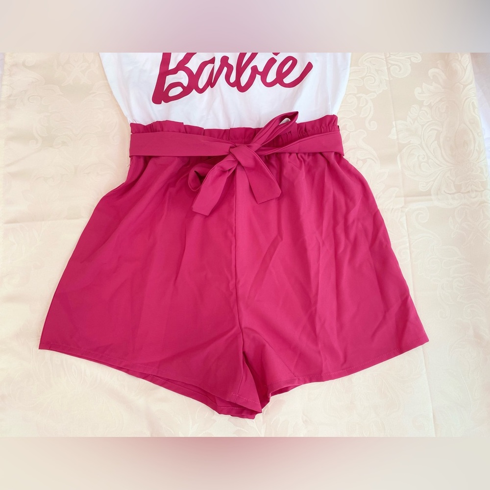 Women Barbie Letter Print Belted Combo Tank Hot Pink Rompers - Picture 3 of 9